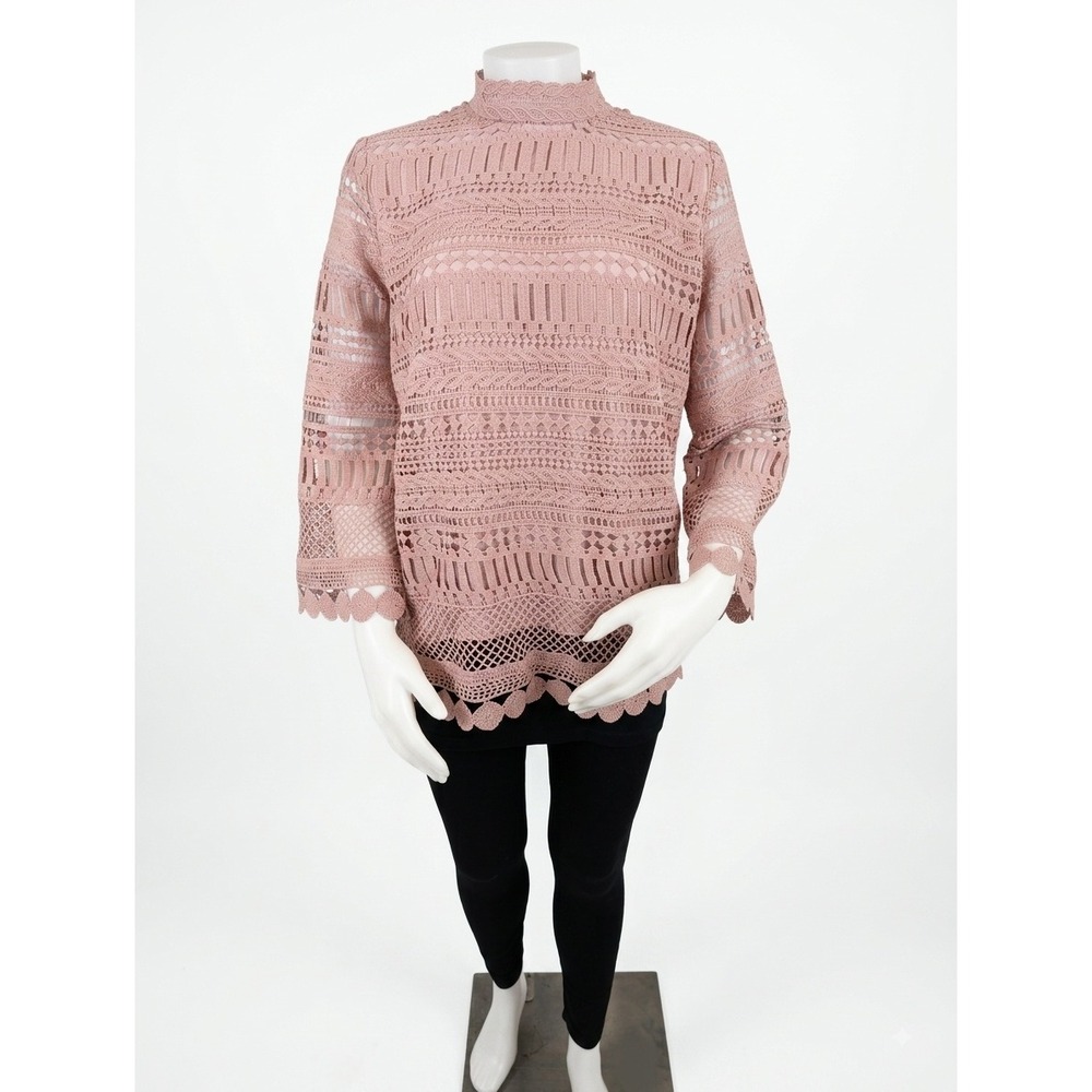 Gibson Blush Pink Intricate Crochet Lace Mock Neck Blouse Size S